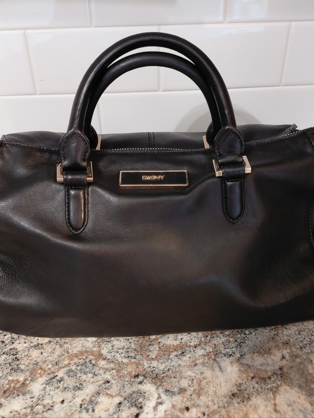 DKNY Very Soft Black Leather Satchel Handbag Purse W/Gold Hardware